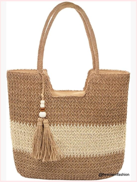 Handbags - Straw Tote Bag with Zipper Large Capacity Shoulder Handbag for Beach Travel